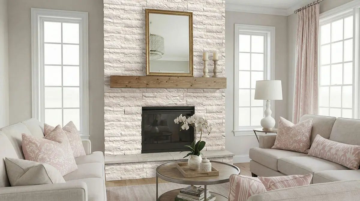Taja Cream Split Face Limestone Pavers 9x24 in a finished room