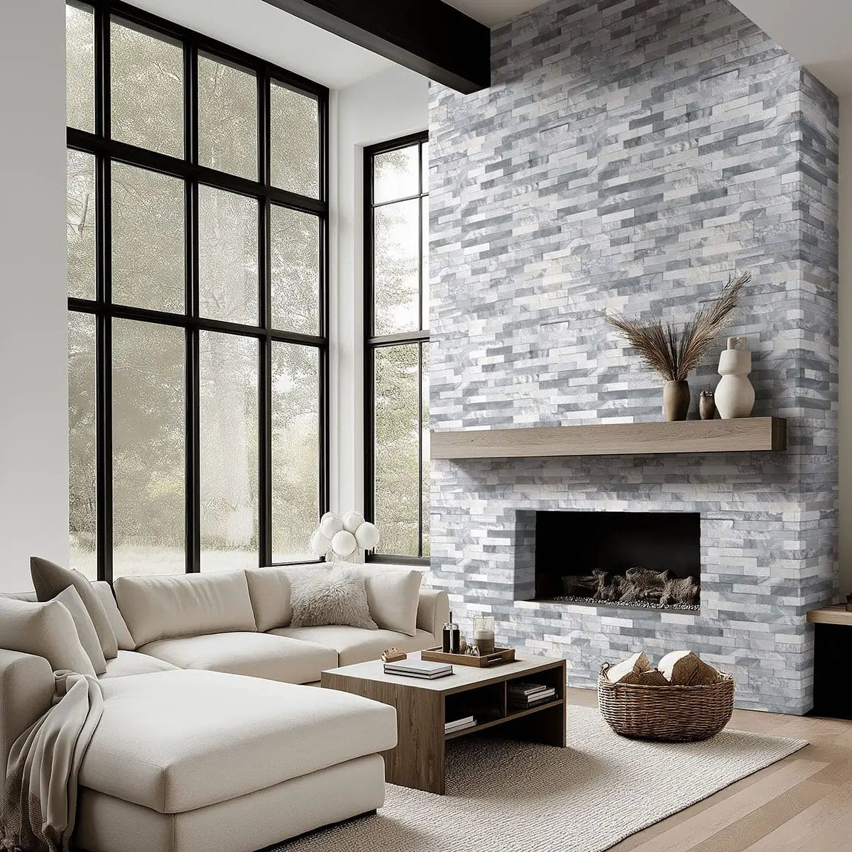 Alaska Gray Split Face Marble Pavers 6x24 in a finished room