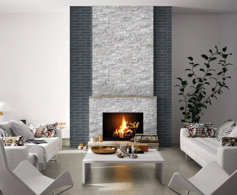 Arabescato Carrara Split Face Marble Pavers 6x24 in a finished room
