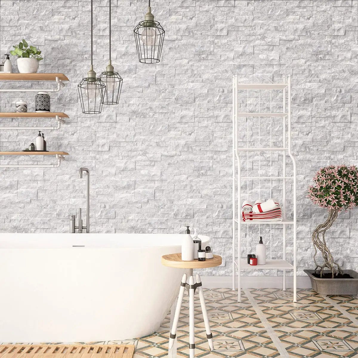 Arabescato Carrara Split Face Marble Pavers 6x18 in a finished room