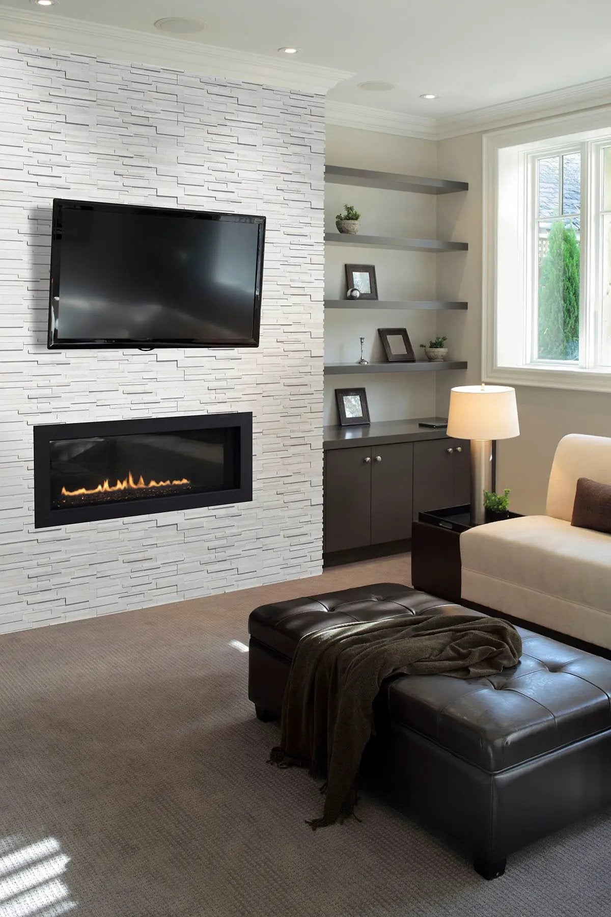 Arctic White 3d Honed Marble Pavers 6x12 in a finished room