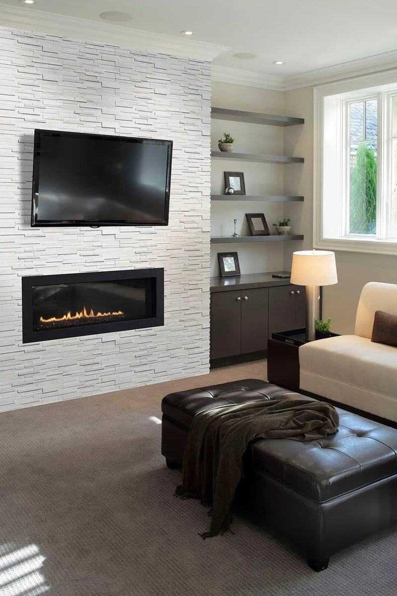 Arctic White 3d Honed Marble Pavers 6x24 in a finished room