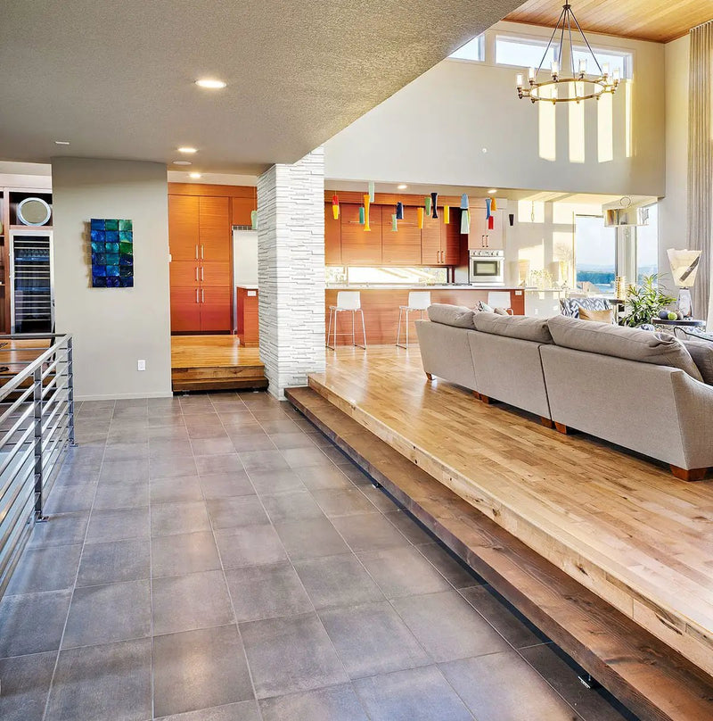 Arctic White 3d Honed Marble Pavers 6x24 in a finished room
