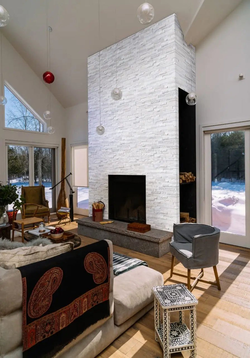 Arctic White Multi Finish Split Face Marble Pavers 6x24 in a finished room