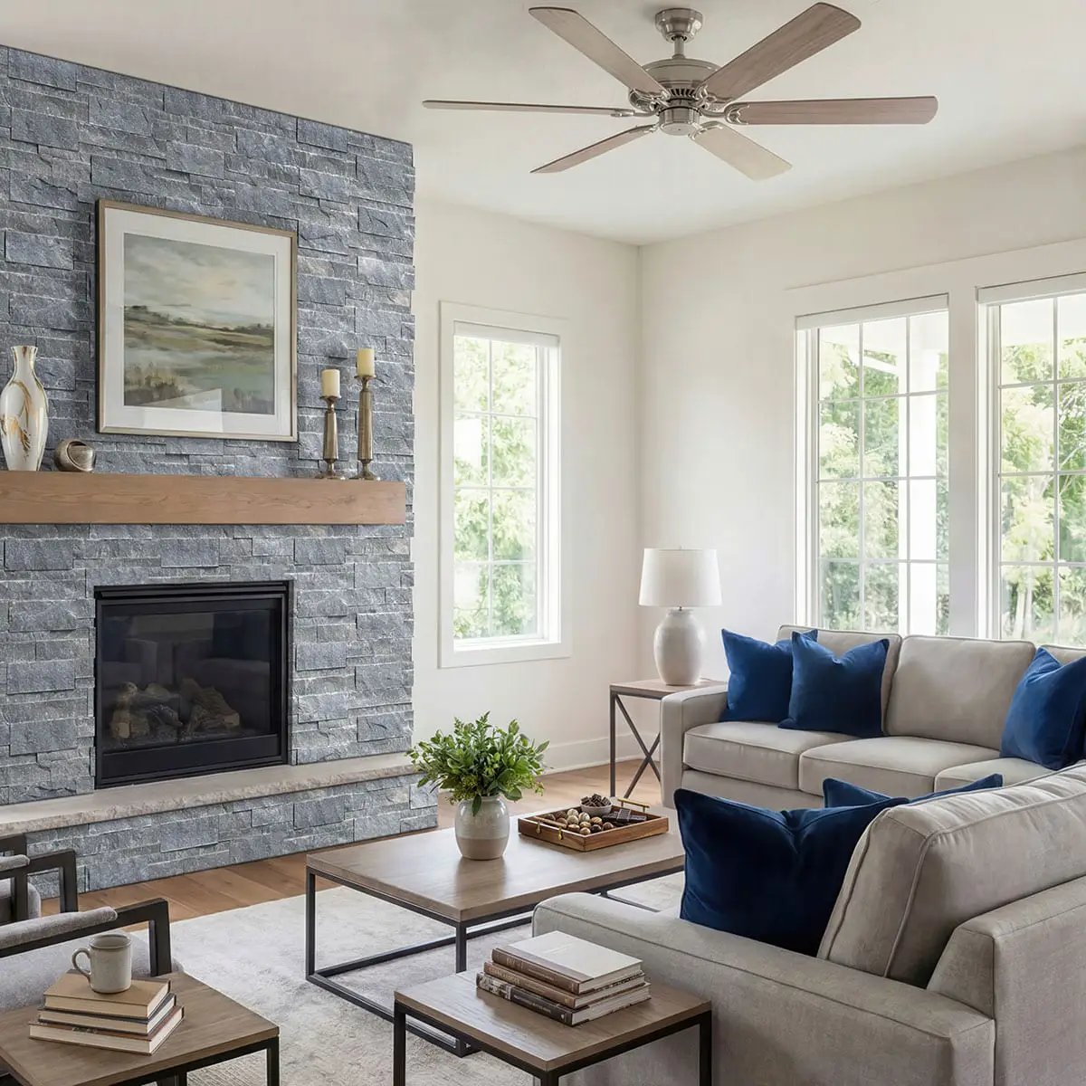 Atlantic Blue Split Face Marble Pavers 9x24 in a finished room