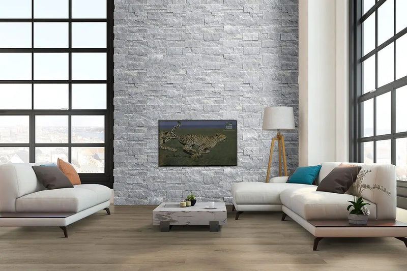 Atlantic Blue Split Face Marble Pavers 9x24 in a finished room
