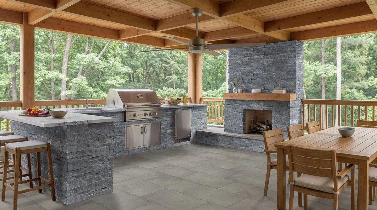 Atlantic Blue Split Face Corner Marble Pavers 9x12 in a finished room