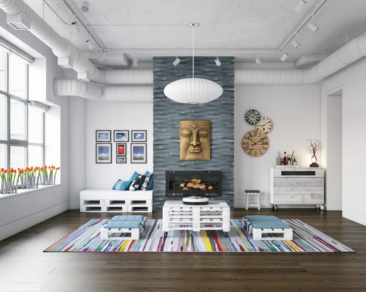 Cosmic Black 3d Wave Split Face Marble Pavers 6x18 in a finished room