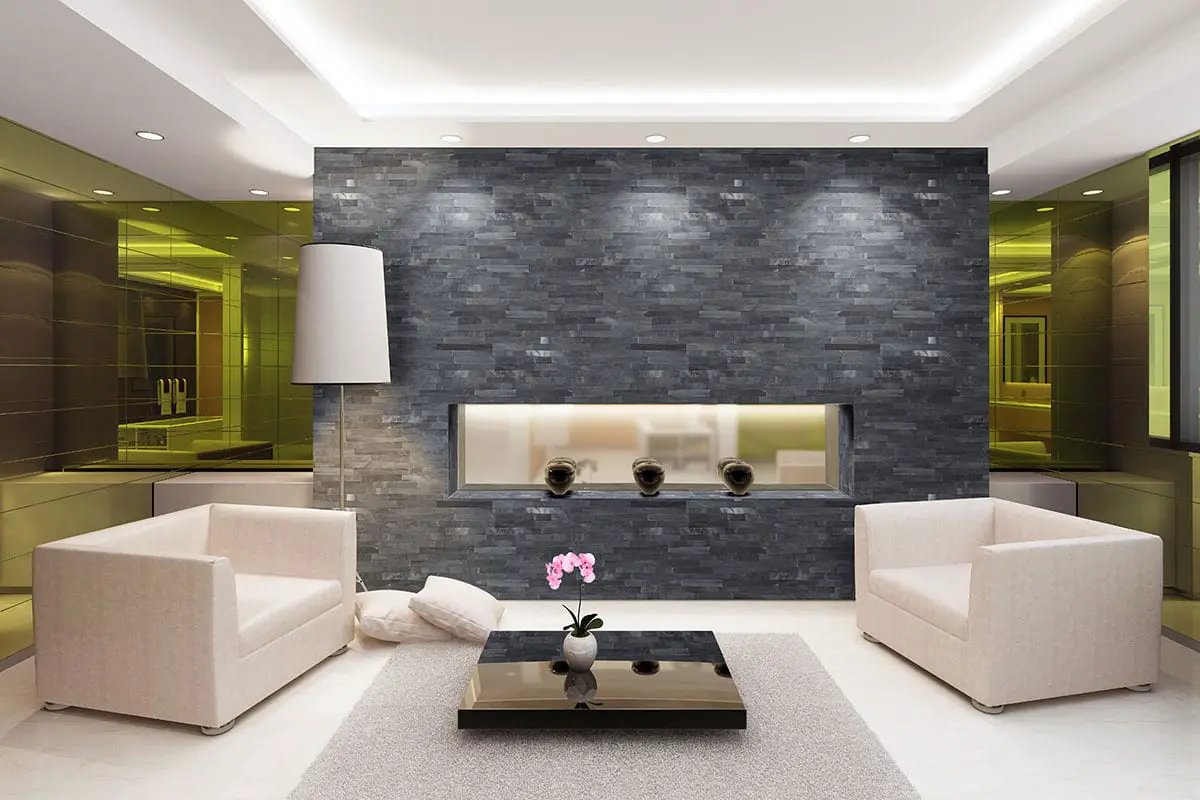 Cosmic Black 3d Wave Split Face Marble Pavers 6x18 in a finished room