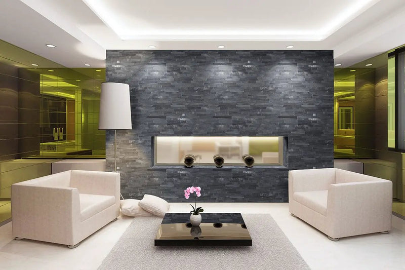 Cosmic Black 3d Wave Honed Marble Pavers 6x24 in a finished room