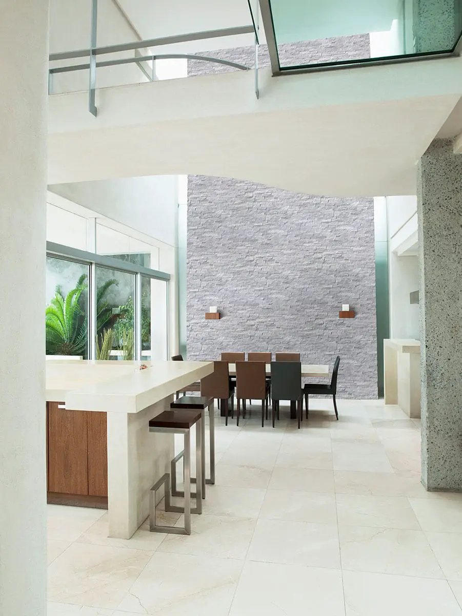 Cosmic Gray Split Face Marble Pavers 6x24 in a finished room