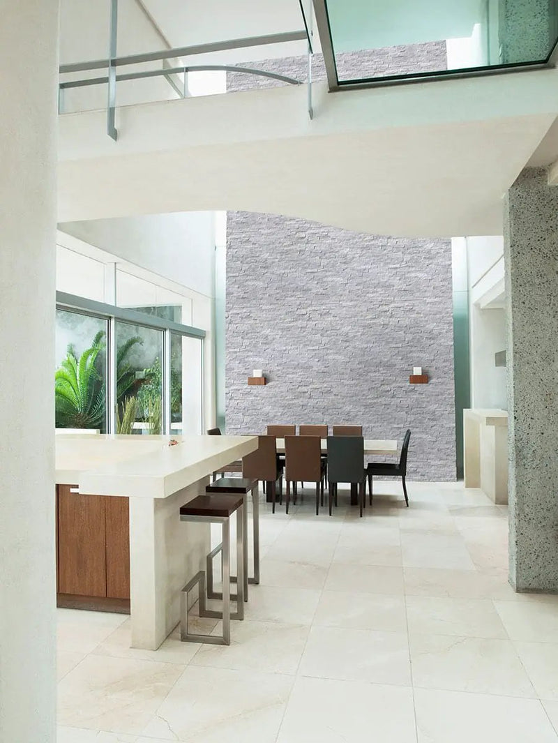 Cosmic Gray Split Face Marble Pavers 6x24 in a finished room