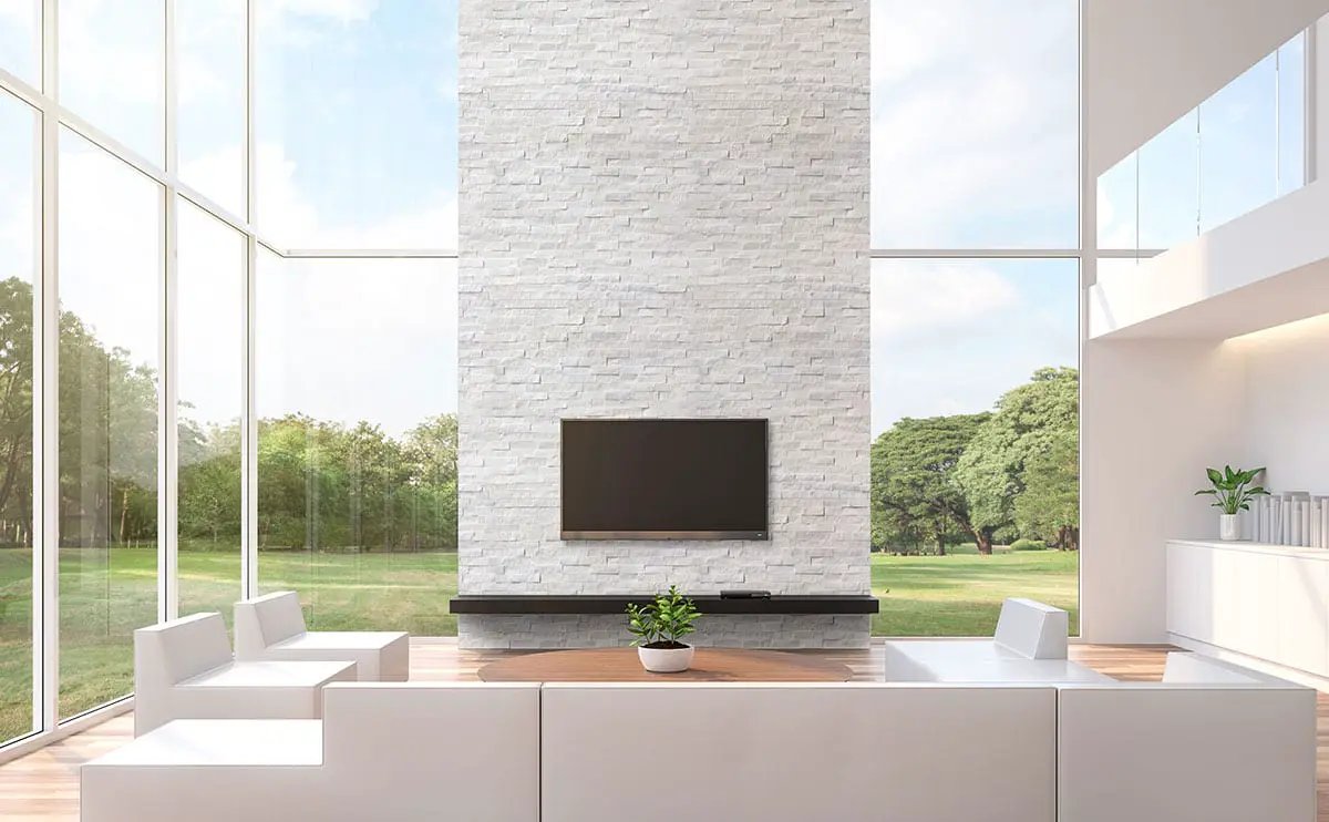 Cosmic White Split Face Marble Pavers 6x18 in a finished room