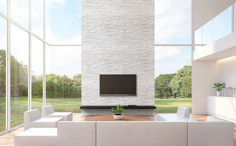 Cosmic White Split Face Marble Pavers 6x18 in a finished room