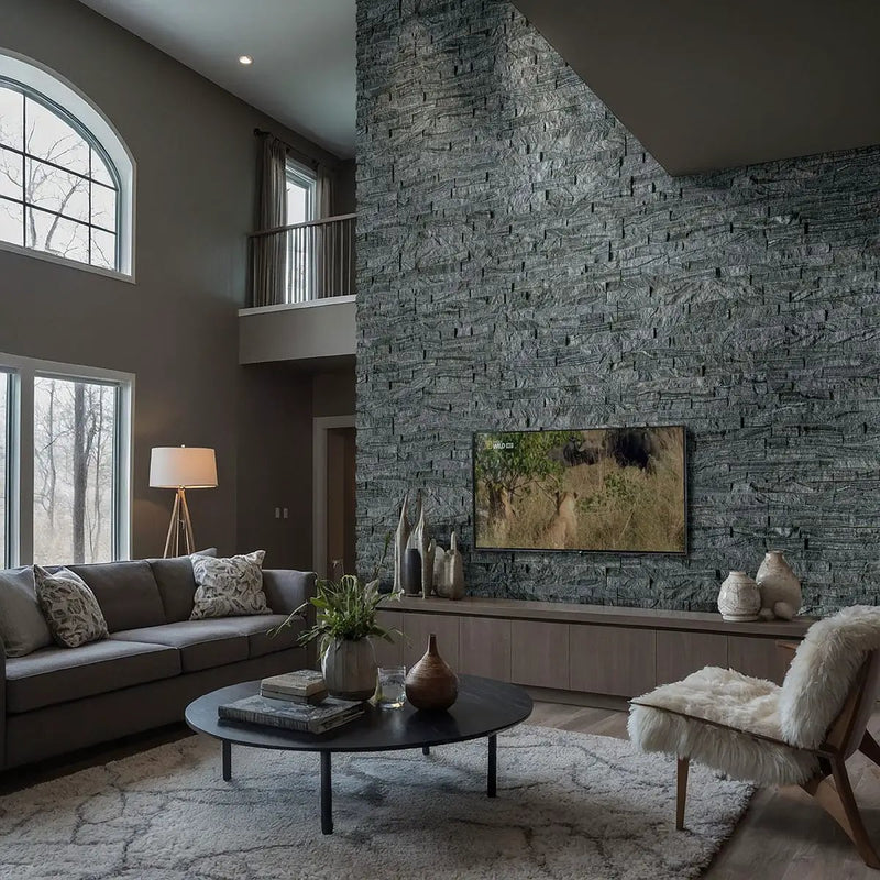 Glacial Black Split Face Marble Pavers 6x24 in a finished room