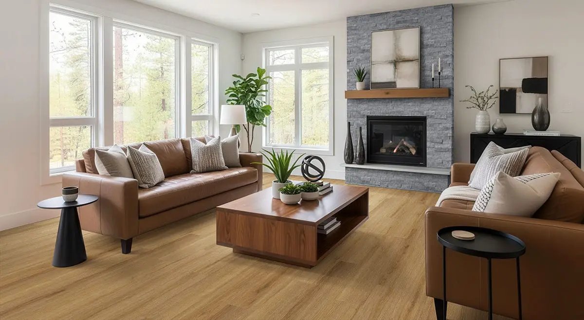 Glacial Grey Split Face Marble Pavers 6x24 in a finished room
