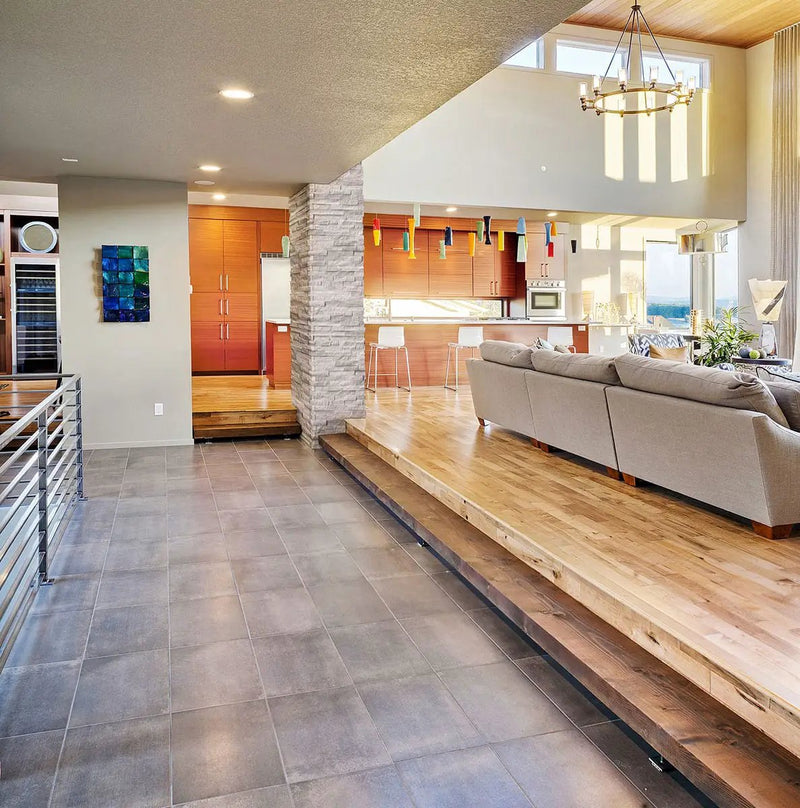 Gray Oak Split Face Marble Pavers 6x12 in a finished room