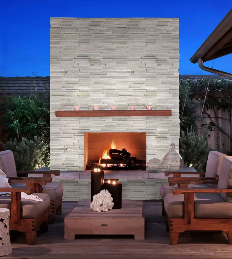Gray Oak 3d Honed Marble Pavers 6x24 in a finished room