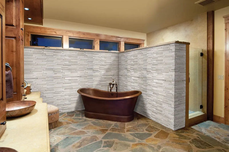 Gray Oak 3d Honed Marble Pavers 6x24 in a finished room
