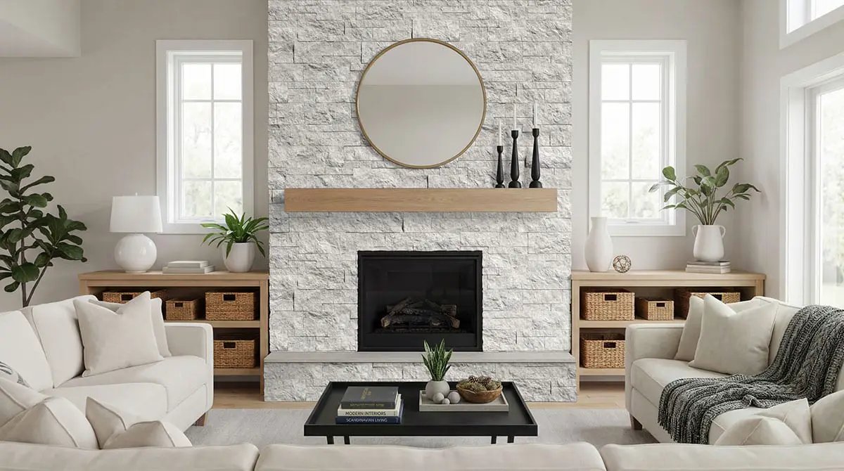 Laguna Gray Split Face Marble Pavers 9x18 in a finished room