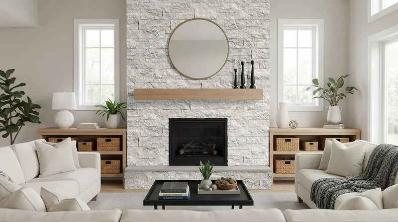 Laguna Gray Split Face Marble Pavers 9x24 in a finished room