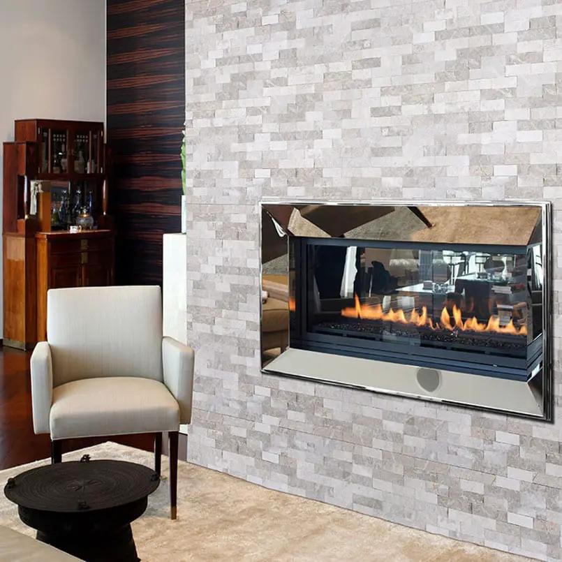 Luna Gray Split Face Corner Marble Pavers 6x18 in a finished room
