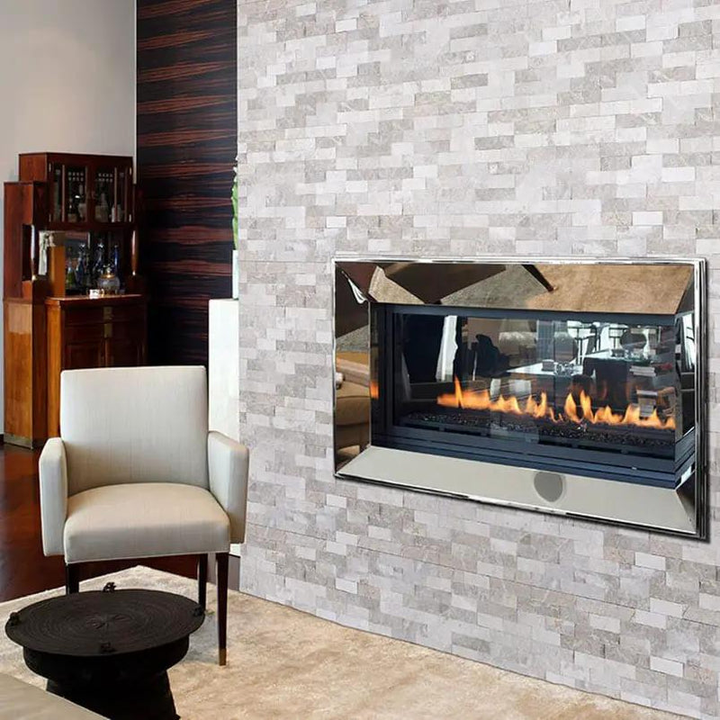 Luna Gray Split Face Corner Marble Pavers 6x18 in a finished room