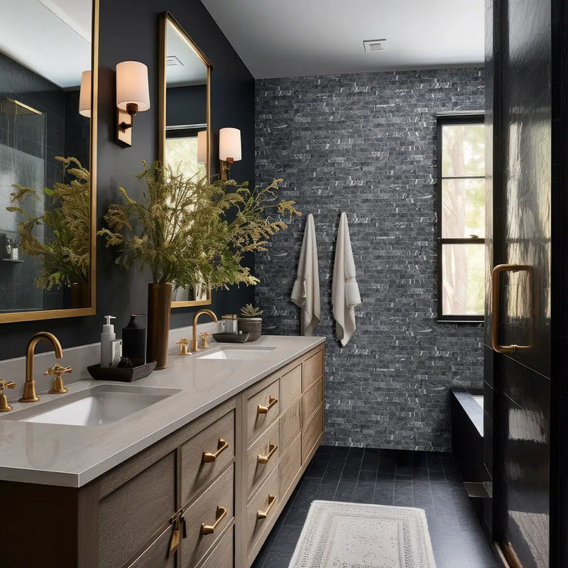 Marquina Nero Split Face Marble Pavers 6x18 in a finished room
