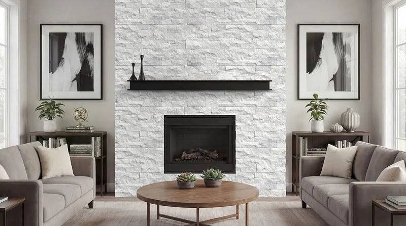 Sierra White Split Face Marble Pavers 9x18 in a finished room