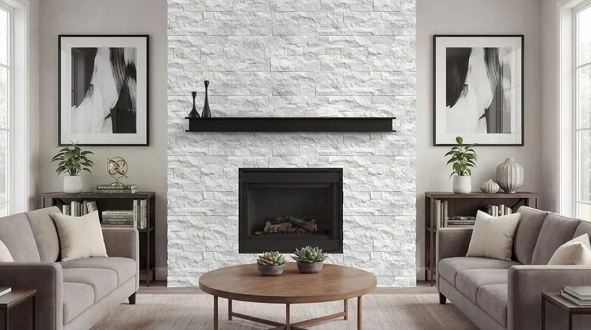 Sierra White Split Face Marble Pavers 9x24 in a finished room
