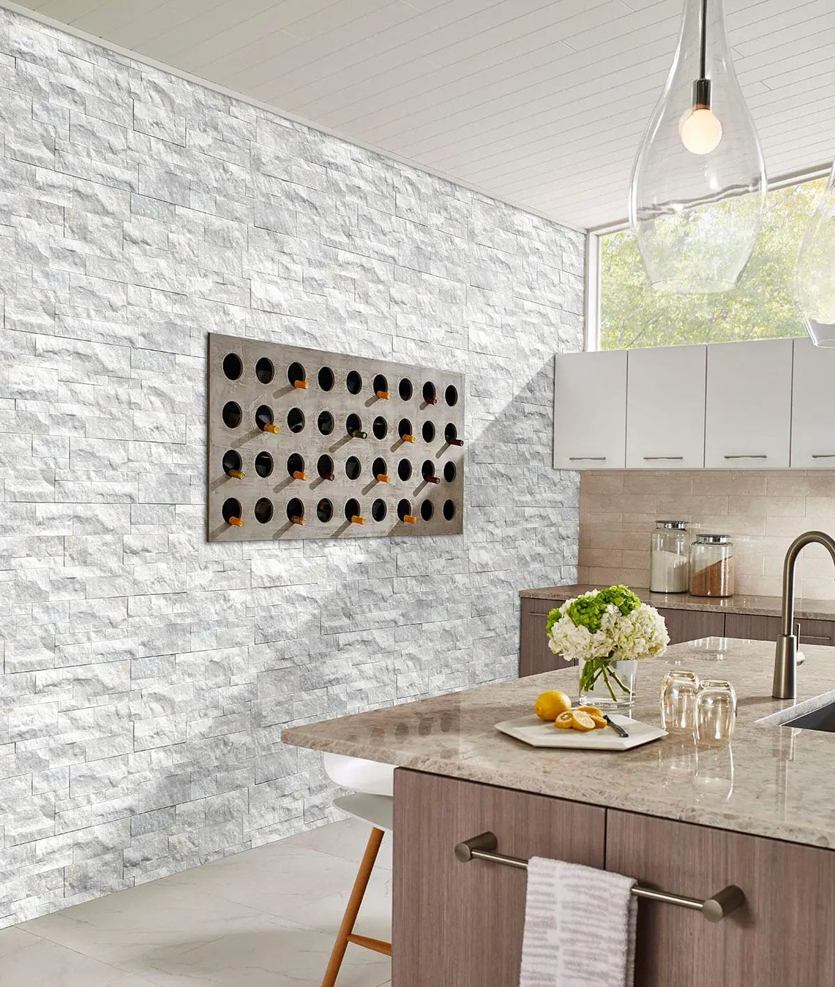 Sierra White Split Face Marble Pavers 9x18 in a finished room