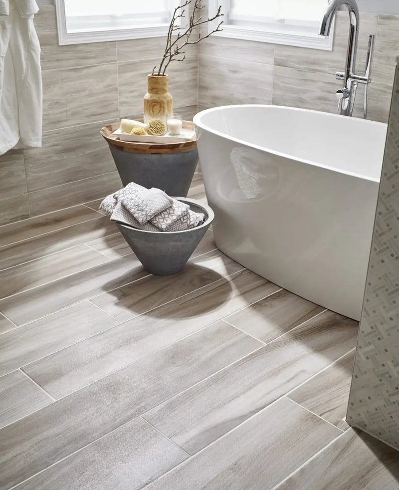 White Oak Split Face Marble Pavers 6x24 3DH in a finished room