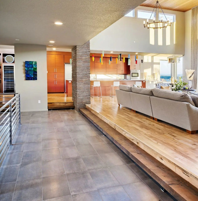 Amber Falls Split Face Corner Quartzite Pavers 6x12 in a finished room