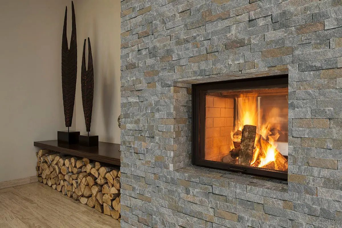 Amber Falls Split Face Corner Quartzite Pavers 6x12 in a finished room