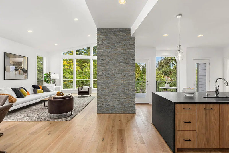Amber Falls Split Face Corner Quartzite Pavers 6x12 in a finished room
