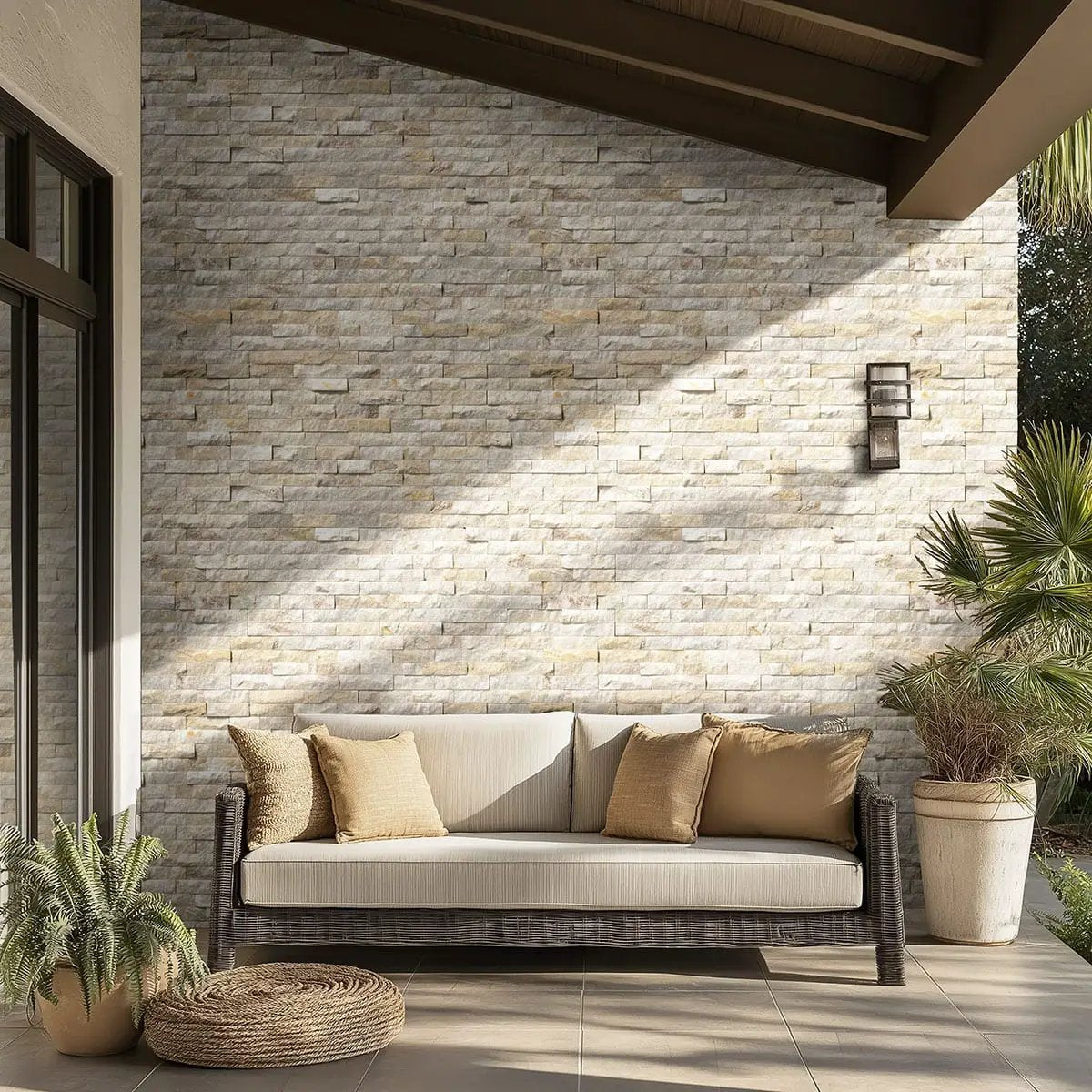 Arctic Golden Panel Split Face Quartzite Pavers 6x24 in a finished room