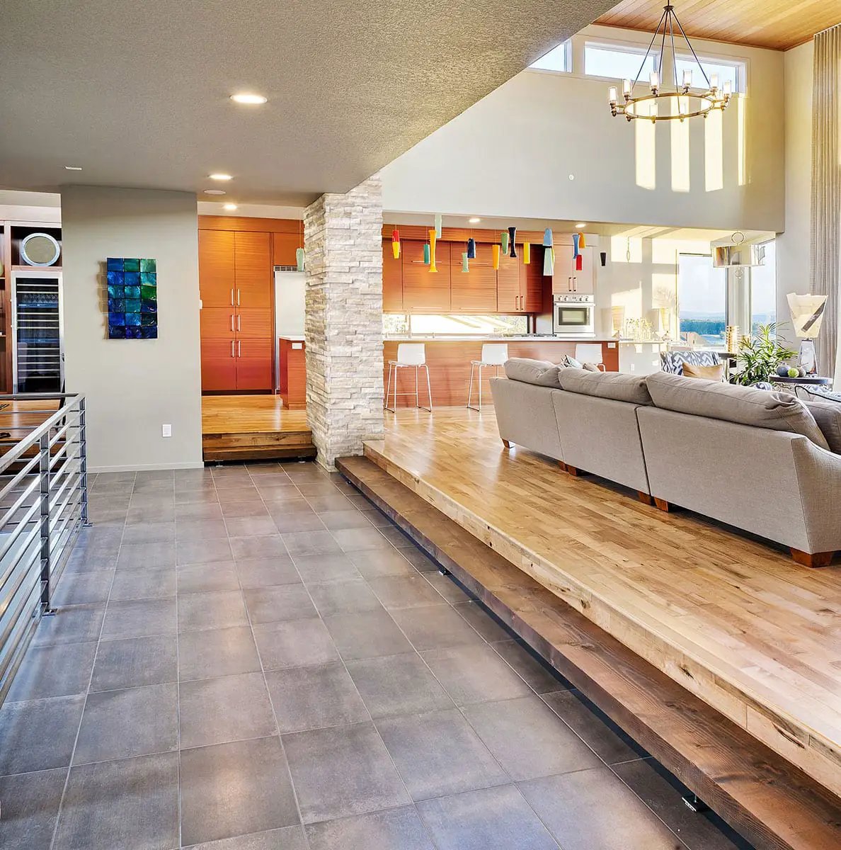 Arctic Golden Panel Split Face Quartzite Pavers 6x12 in a finished room