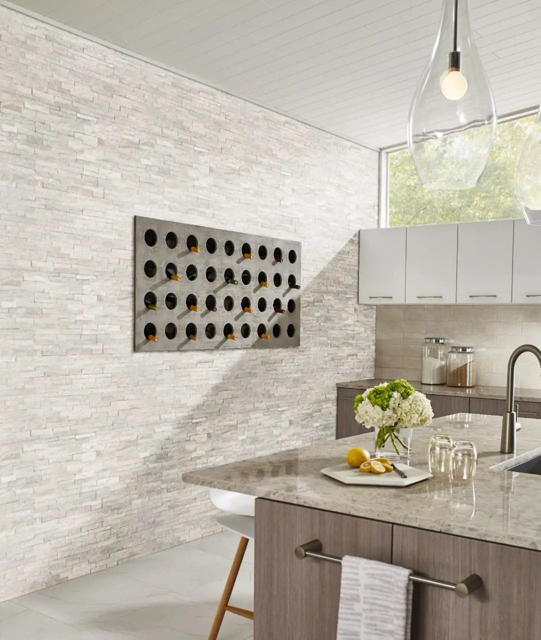 Arctic White Mini Split Face Marble Pavers in a finished room