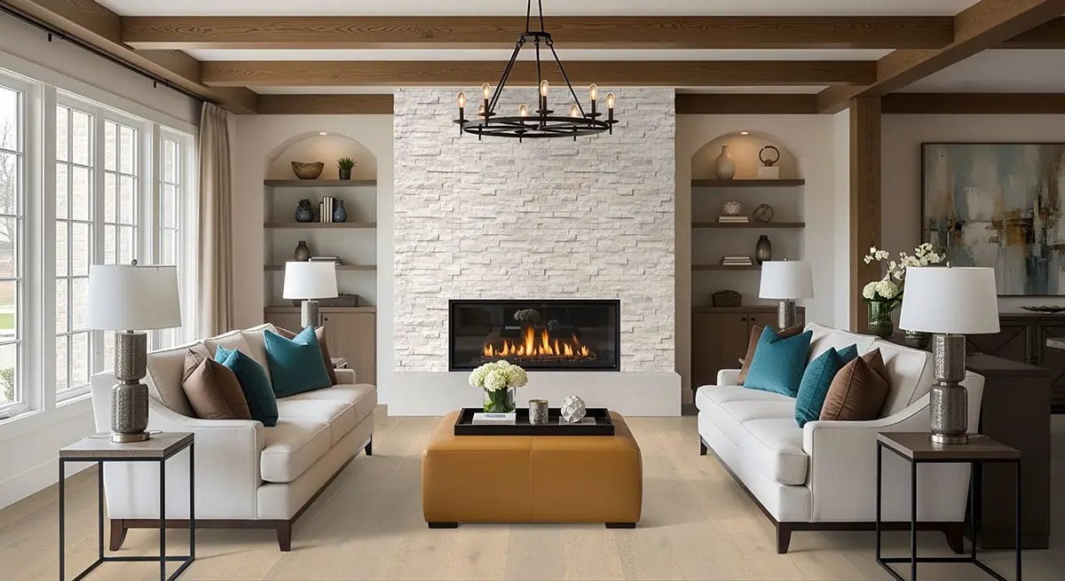 Arctic White Split Face Corner Marble Pavers 6x12 in a finished room