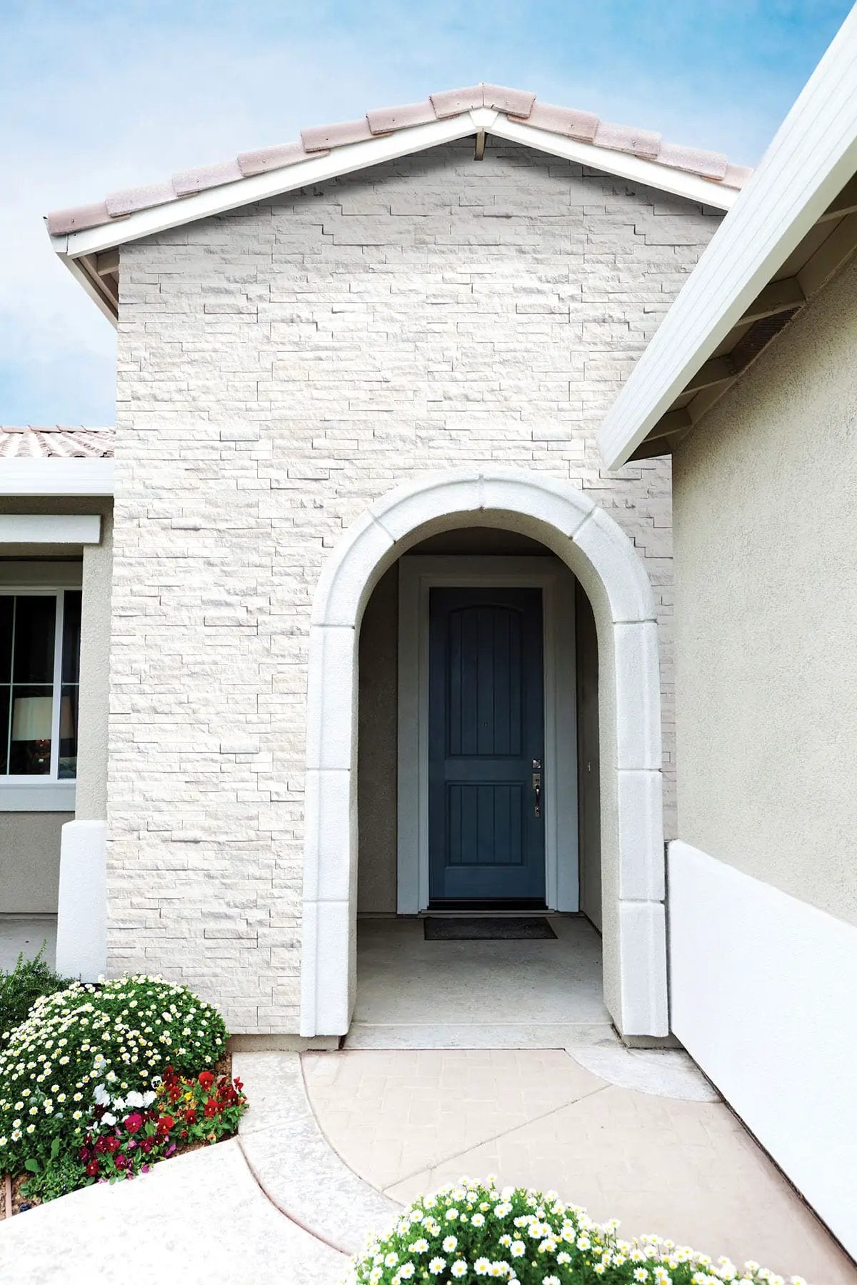 Arctic White Split Face Corner Marble Pavers 6x12 in a finished room