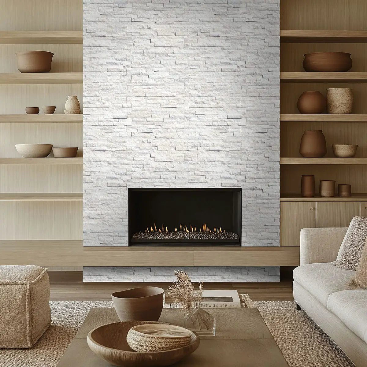 Arctic White Split Face Corner Marble Pavers 6x12 in a finished room