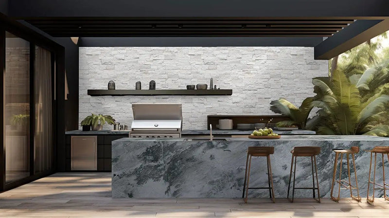 Arctic White Xl Split Face Quartzite Pavers 9x24 in a finished room