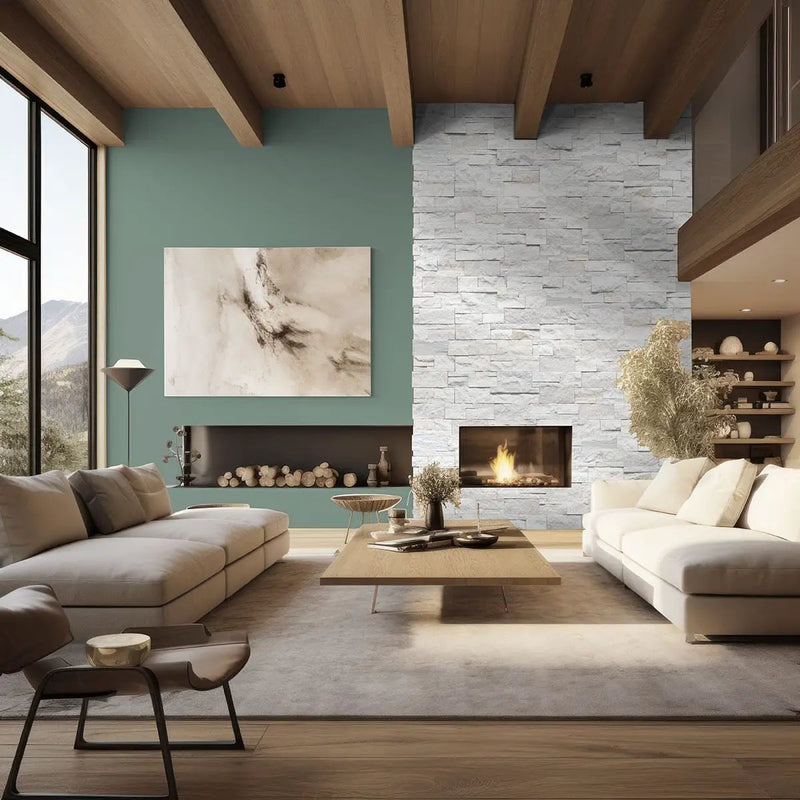 Arctic White Xl Split Face Corner Quartzite Pavers 9x12 in a finished room