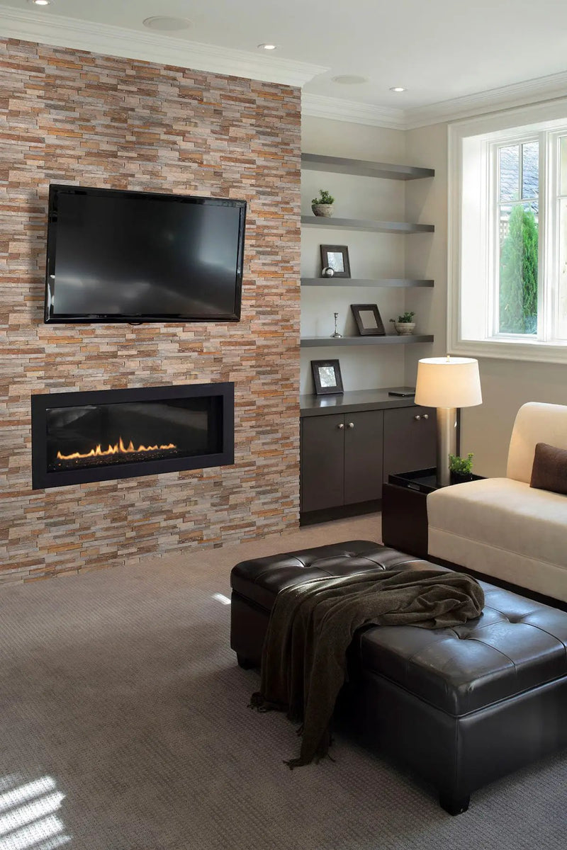 Canyon Creek Split Face Quartzite Pavers 6x12 in a finished room