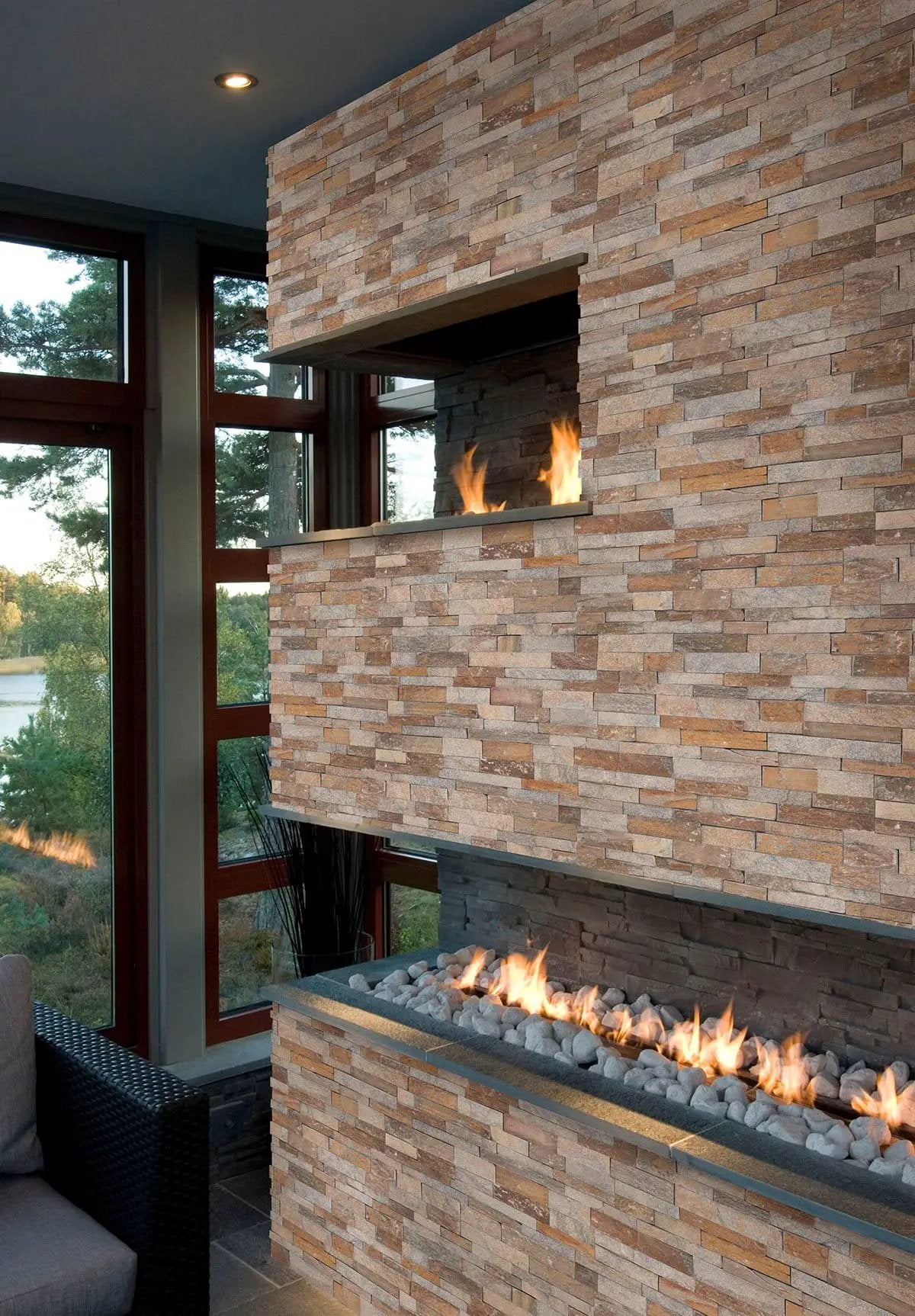 Canyon Creek Split Face Quartzite Pavers 6x24 in a finished room
