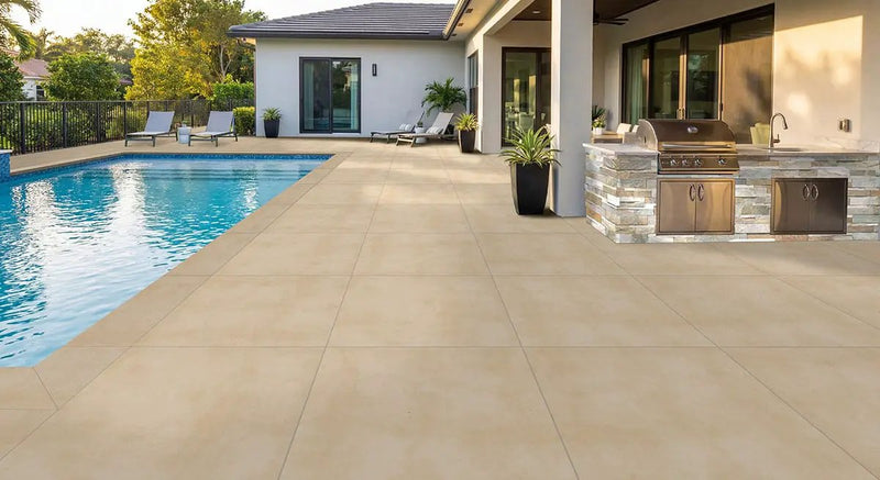 Golden Honey Xl Split Face Quartzite Pavers 9x24 in a finished room