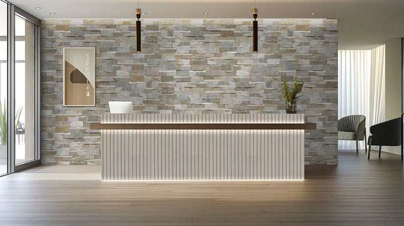 Golden Honey Xl Split Face Corner Quartzite Pavers 9x12 in a finished room