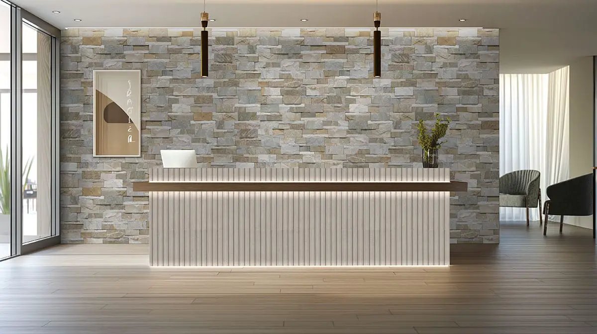 Golden Honey Xl Split Face Quartzite Pavers 9x24 in a finished room