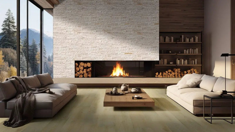 Royal White Split Face Quartzite Pavers 6x18 in a finished room