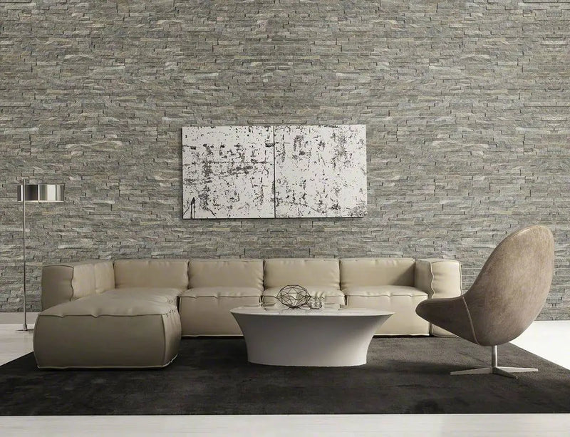Sage Green Split Face Corner Quartzite Pavers 6x12 in a finished room